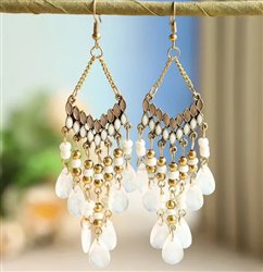 Long Gold Beaded Earrings (White) ER-15721