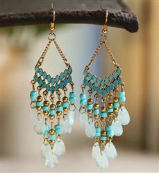 Long Gold Beaded Earrings (Teal) ER-15723