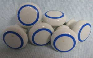 6 Ceramic  White Blue Cabinet Knobs