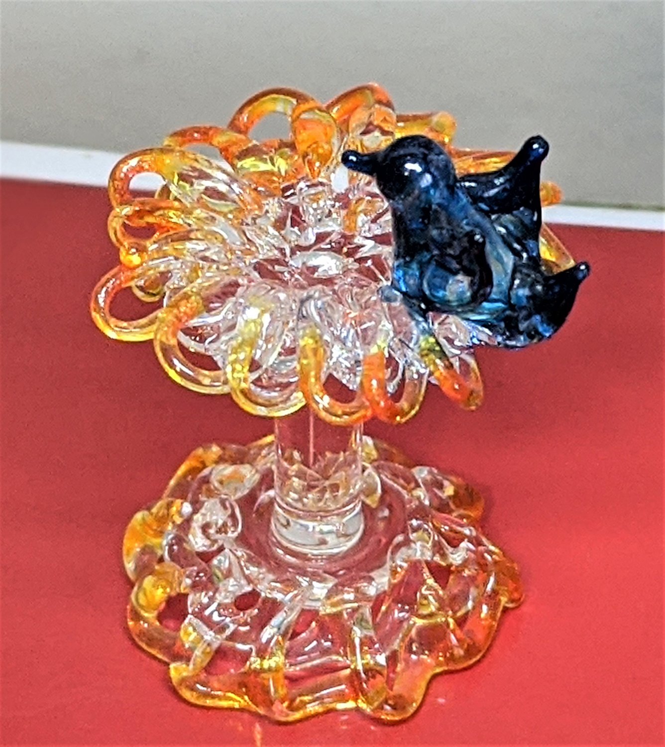 Vintage Murano Glass Birdbath Bluebird Hand Blown Miniature Figurine Sculpture