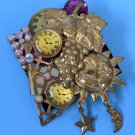 Vintage Ornate Edgy Goldtone Brooch Lapel Scarf Pin Chic Sun Moon Clocks