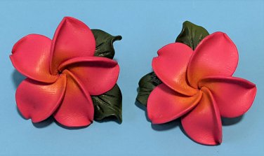 Hawaiian Plumeria Post Earrings Deep Pink Fimo
