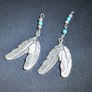 Silver Tone Double Feather Pendant Charms Turquoise Bead Accent