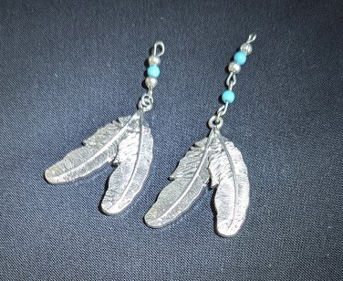 Silver Tone Double Feather Pendant Charms Turquoise Bead Accent