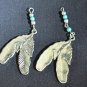 Silver Tone Double Feather Pendant Charms Turquoise Bead Accent