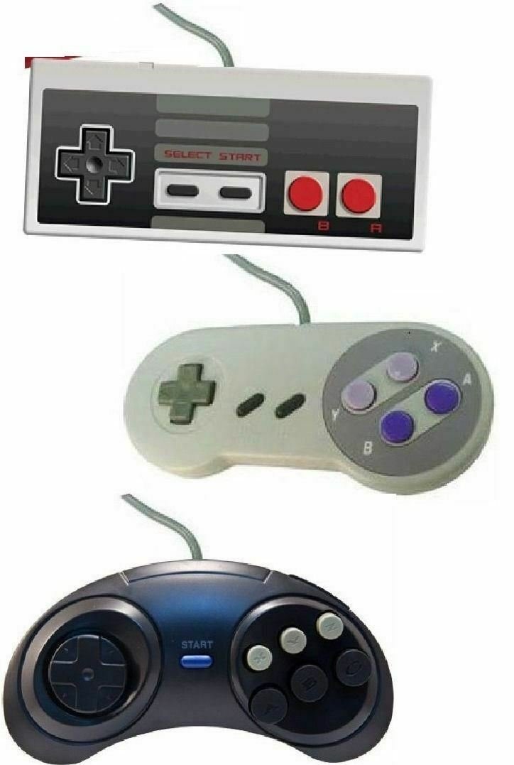 1x Wire NES Controller, 1x Wire SNES Controller and 1x Wire Sega Genesis Control