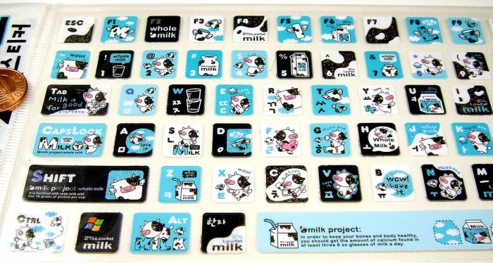 super kawaii MILK PROJECT glitter KEYBOARD STICKERS cute cow character blue NEW 3
