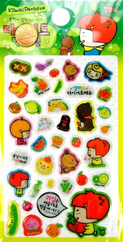 kawaii korean anime STRAWBERRY GIRL dalki glitter PUFFY STICKERS food diet fruit vegetable 3