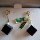 Earrings Black Onyx Cube Pearl on Chain Pierced NIB