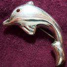 Dolphin Curvy Sterling Silver 925 Brooch Pin Ruby Garnet