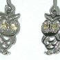 Sterling Silver Earrings Owl Bird Yellow Eye Filigree drop charm Dangle Hook