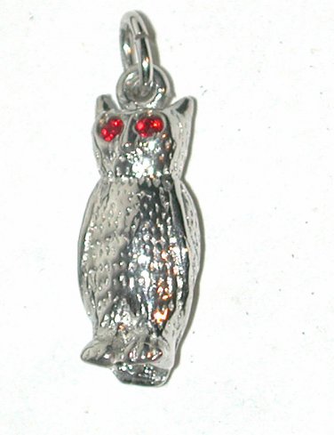 Vintage CHARM Sterling Silver 3D Owl Bird red rhinestone eyes pendant