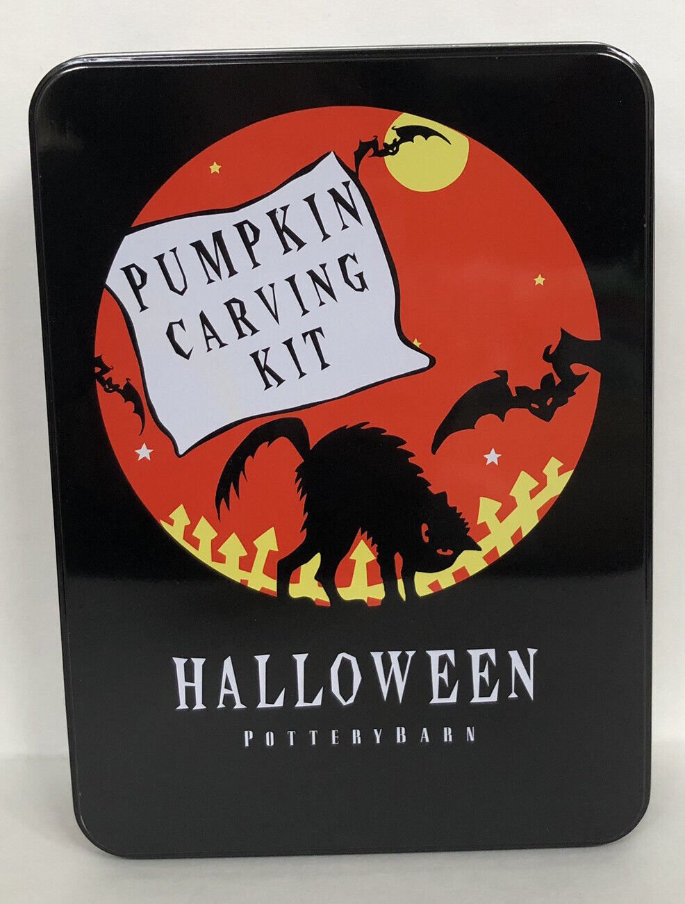 NEW Pottery Barn Halloween Tin storage box 11 complete Pumpkin Carving