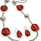 Red Bead 32 Inch Necklace Set With Earrings