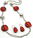Red Bead 32 Inch Necklace Set With Earrings