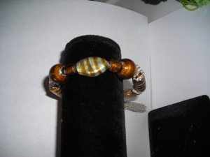Tan Stripe Glass Bead Stretch Bracelet