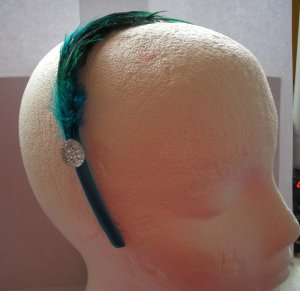 Teal Feather With Clear Stone Satin Headband