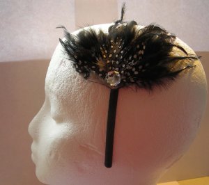 Black Dot  Feather With Clear Stone Satin Headband