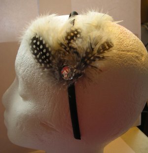 White Dot  Feather With Clear Stone Satin Headband