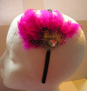 Pink Dot  Feather With Clear Stone Satin Headband