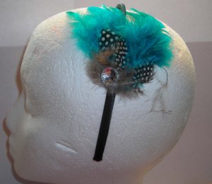 Teal  Dot  Feather With Clear Stone Satin Headband
