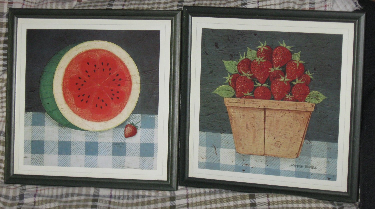 (2) Warren Kimble Art Strawberries In A Basket & Cut Watermelon On Table Framed