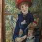 Antiq. Beautiful Framed Embroidery Woman/Child Sitting On Bench In Woods 24.5x30