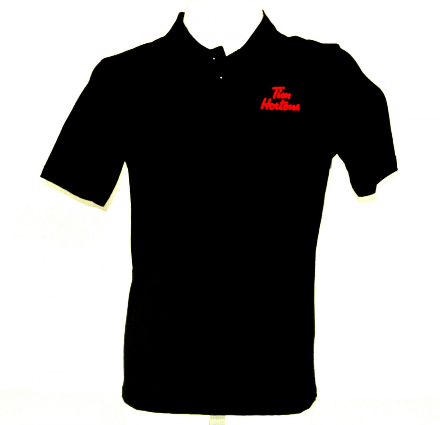 TIM HORTONS Employee Uniform Polo Shirt Black Big Logo Size S 44 NWT NEW MT