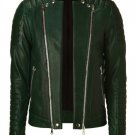 Balmain Dark Green Collarless Leather Biker Jacket – New