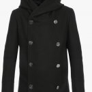 Hooded pea coat in black wool with double silver buttons - New Hooded pea coat in black wool with double silver buttons - New
