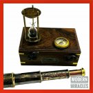 Nautical Brass Telescope with Hourglass & Pocket Compass in Wooden Box-Gift Set