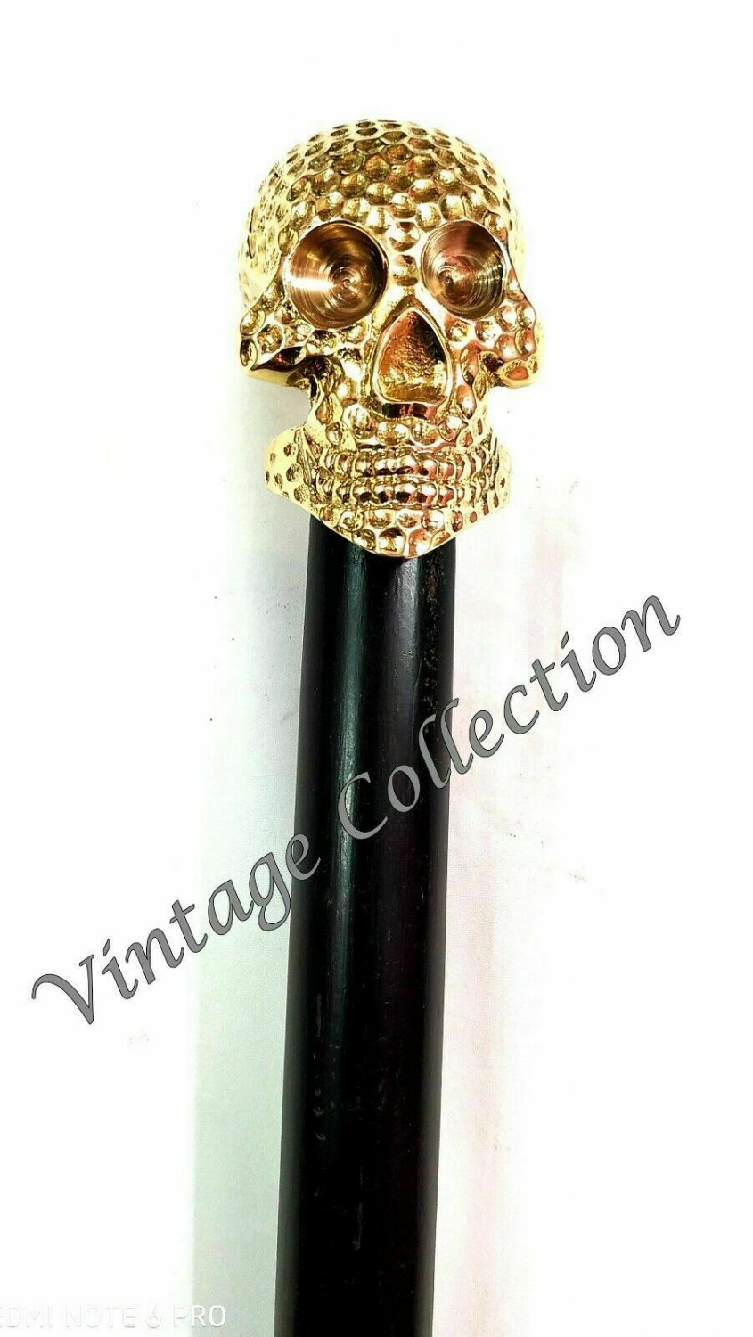 Skull Head Solid Brass Handle Black Wooden Walking Stick Vintage Nautical Canes