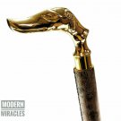 Antique Brass Style Wooden Dog Handle Folding Leather Walking Stick Vintage Cane