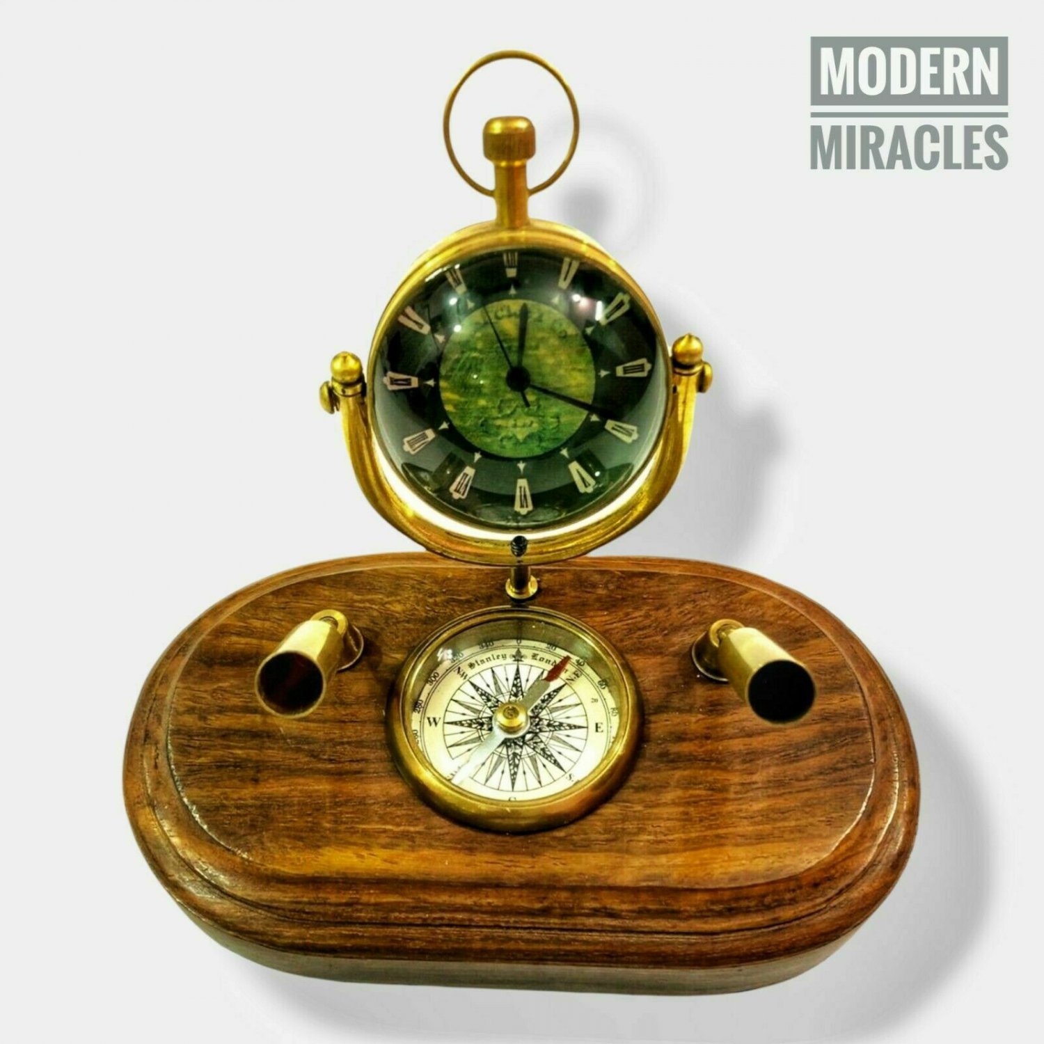 Nautical Brass Table Clock with Pen holder & Compass on Wooden Base Office Decor
