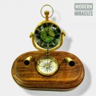 Nautical Brass Table Clock with Pen holder & Compass on Wooden Base Office Decor