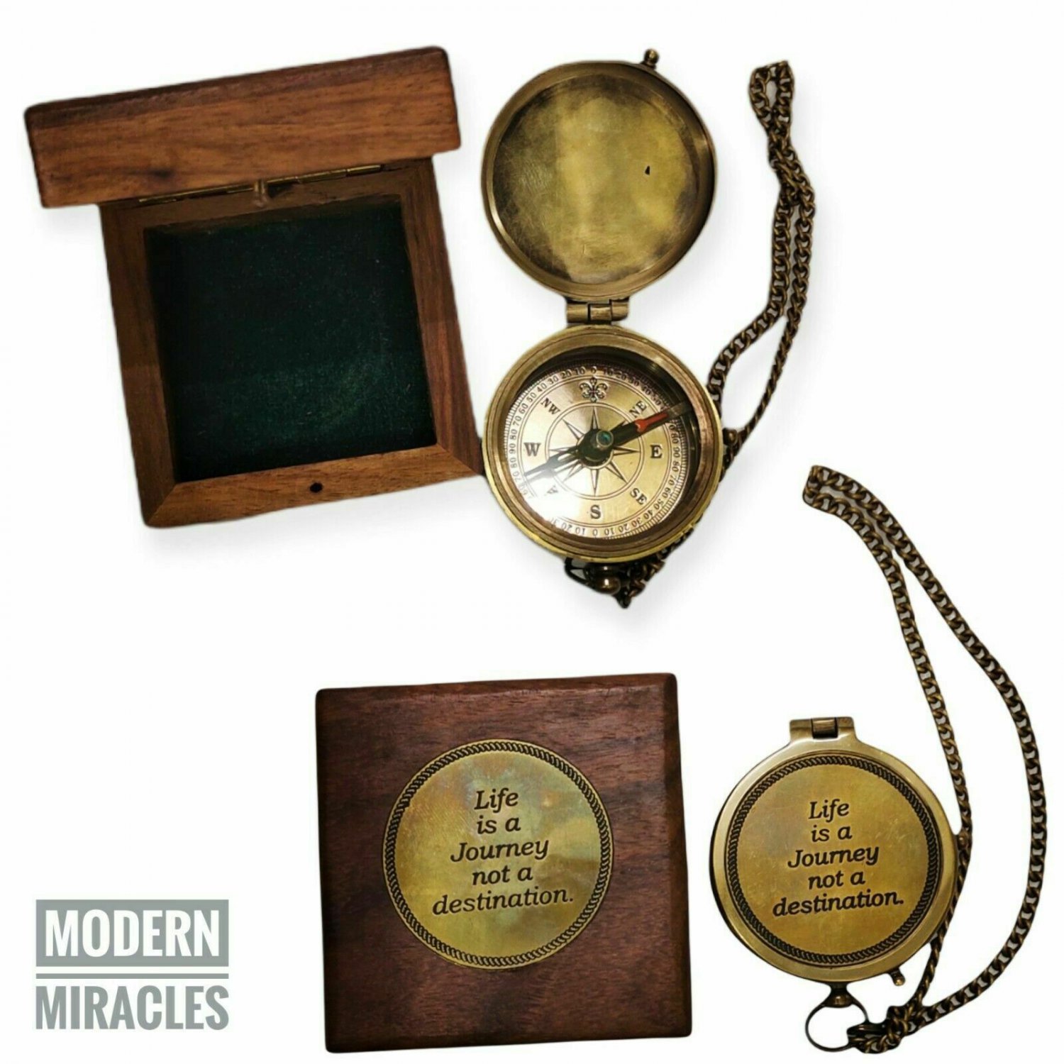 Vintage Antique Solid Brass Mini Pocket Compass With Wooden Box Gift Christmas