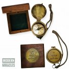 Vintage Antique Solid Brass Mini Pocket Compass With Wooden Box Gift Christmas