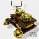 Vintage Brass Telephone Etching Wooden Rotary Dial Maharaja Engraved Telephone