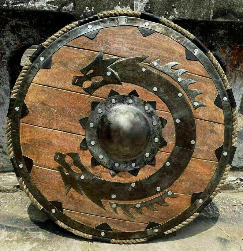 24" Medieval Armor Viking Round Shield Black Dragon Design & LARP Warrior Wood