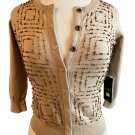 RONDINA Tan Beige 3/4 Sleeve Cardigan Sweater Maze Design Snap Buttons Sz XS NWT