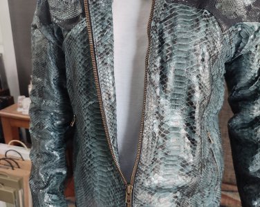 Gray Python Snakeskin Leather Jacket Combine with Stingray Skin on Shoulder