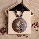 Ethnic Round Wooden Leaf Owl Long Sweater Chain Necklace Women Retro