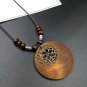 Ethnic Round Wooden Leaf Owl Long Sweater Chain Necklace Women Retro