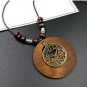 Ethnic Round Wooden Leaf Owl Long Sweater Chain Necklace Women Retro