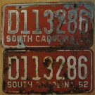 1962 South Carolina license plate D113286 matching pair