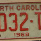 1968 North Carolina passenger truck license plate 9032 TV