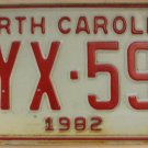 1982 North Carolina license plate YYX 597 with October 1984 sticker