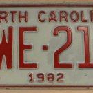 1982 North Carolina license plate YWE 218 with March 1993 sticker