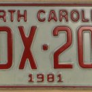 1981 North Carolina license plate YDX 203 with October 1988 sticker