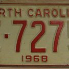 NOS 1968 North Carolina license plate Z 7275  new old stock